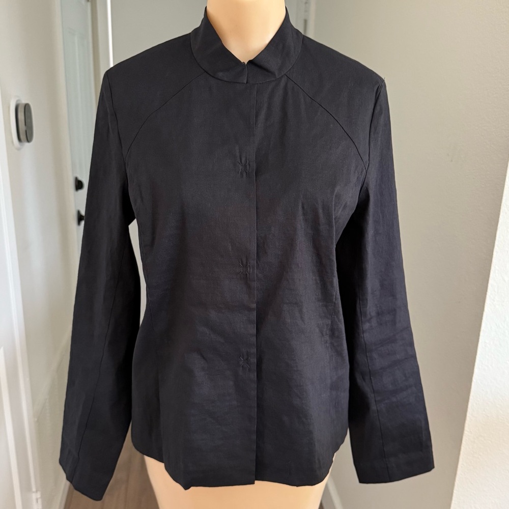 Eileen Fisher Classic Black Linen Blend Snap Front Lightweight Jacket Size Small